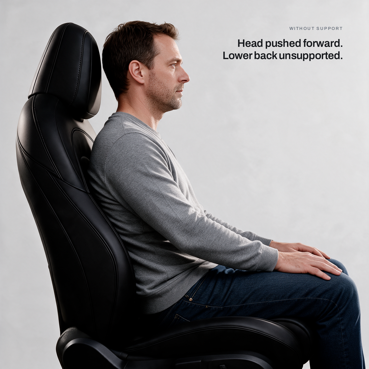 Without support: head pushed forward, lower back unsupported